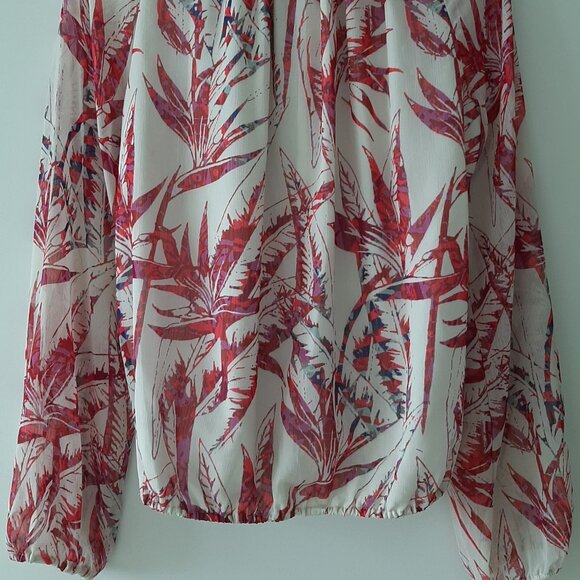 TAHARI - Foliage Print Long Sleeve Blouse - White/Pink - Size Medium - Picture 5 of 6